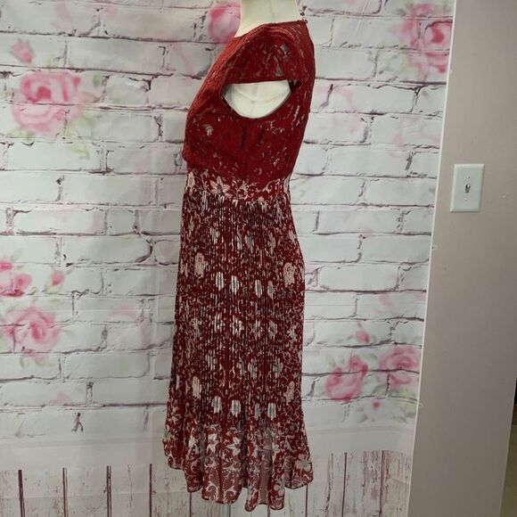 Plenty Anthropologie Women's Arcadia Accordion Pleated Laced Midi Dress Brown Si - Picture 8 of 12